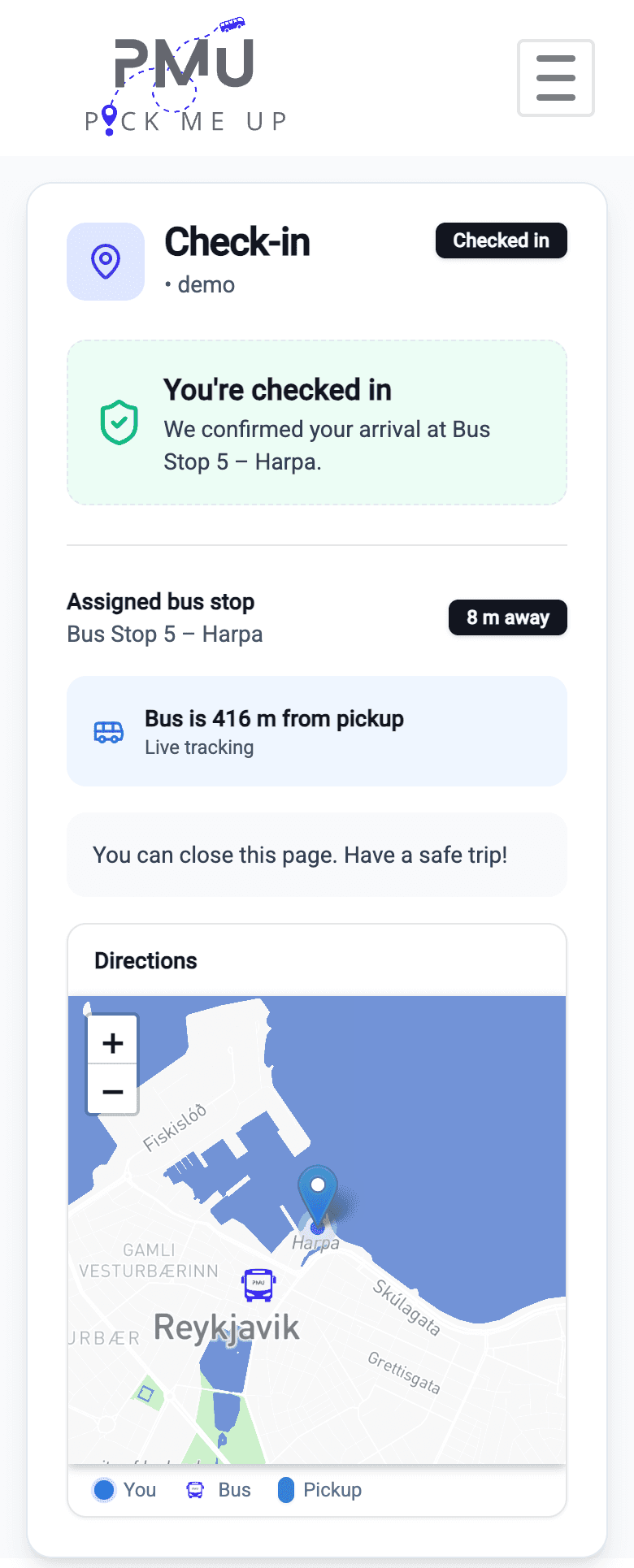 Demo check-in page on a phone showing a confirmed check-in at Bus Stop 5 – Harpa, the distance to the stop, the live bus position and a map with directions