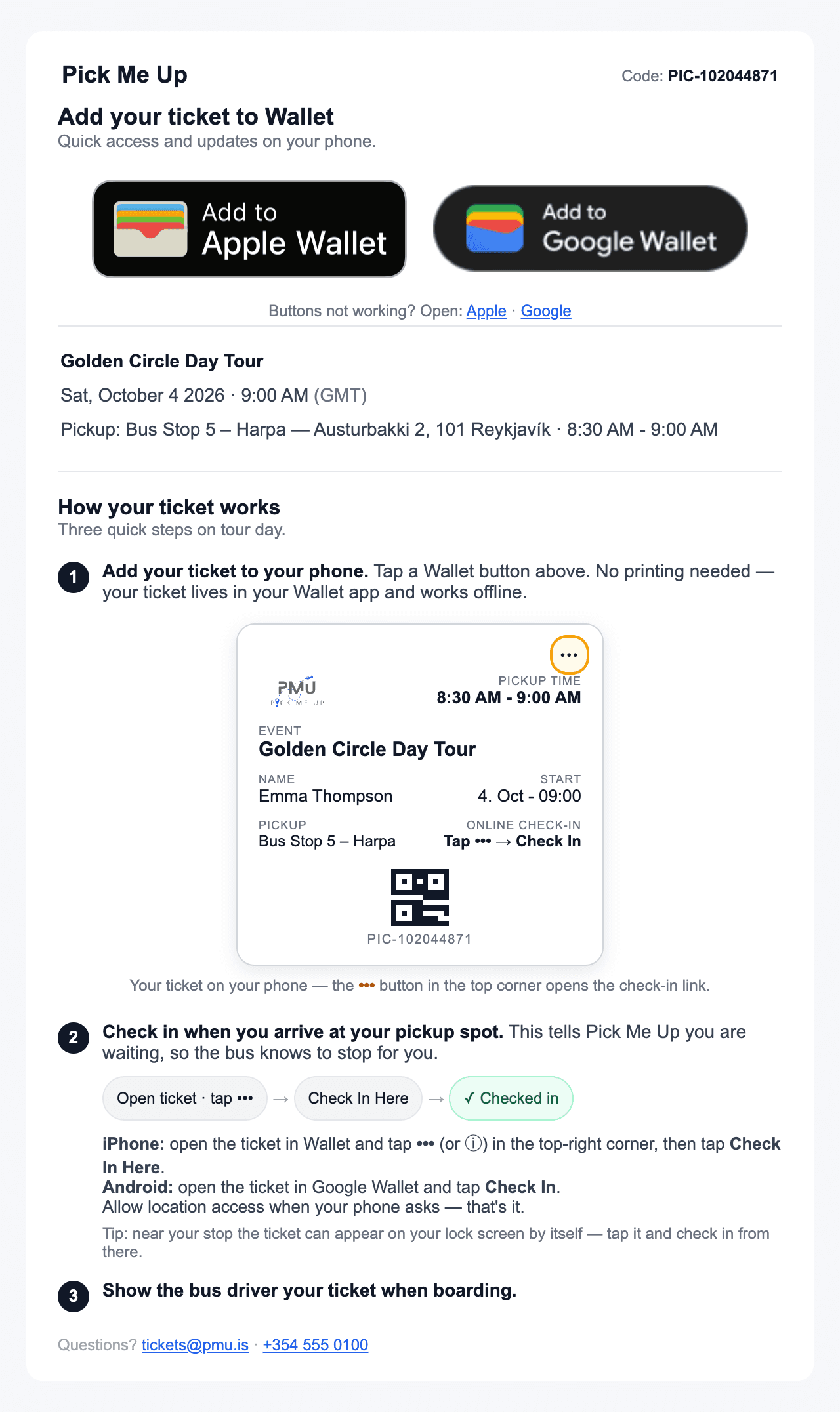 Demo Add to Wallet email with Apple Wallet and Google Wallet buttons, the booking details and a three-step guide to checking in