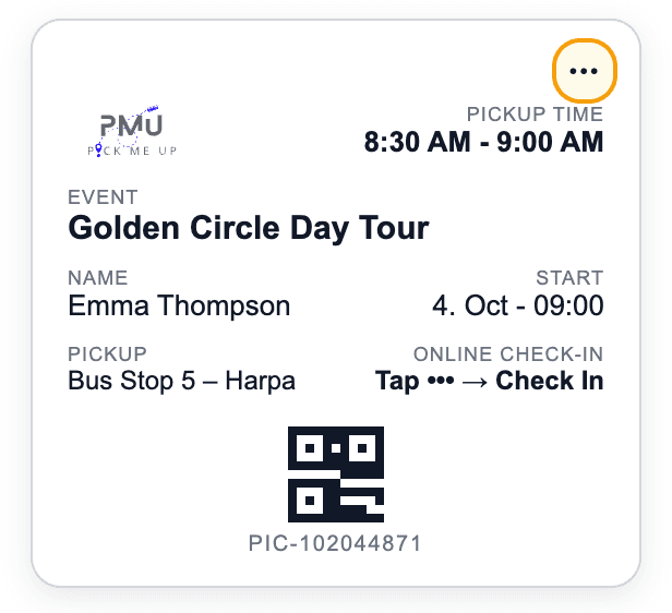 Demo wallet pass for a Golden Circle Day Tour showing the pickup time, customer name, start time, pickup stop, a QR code and the check-in menu